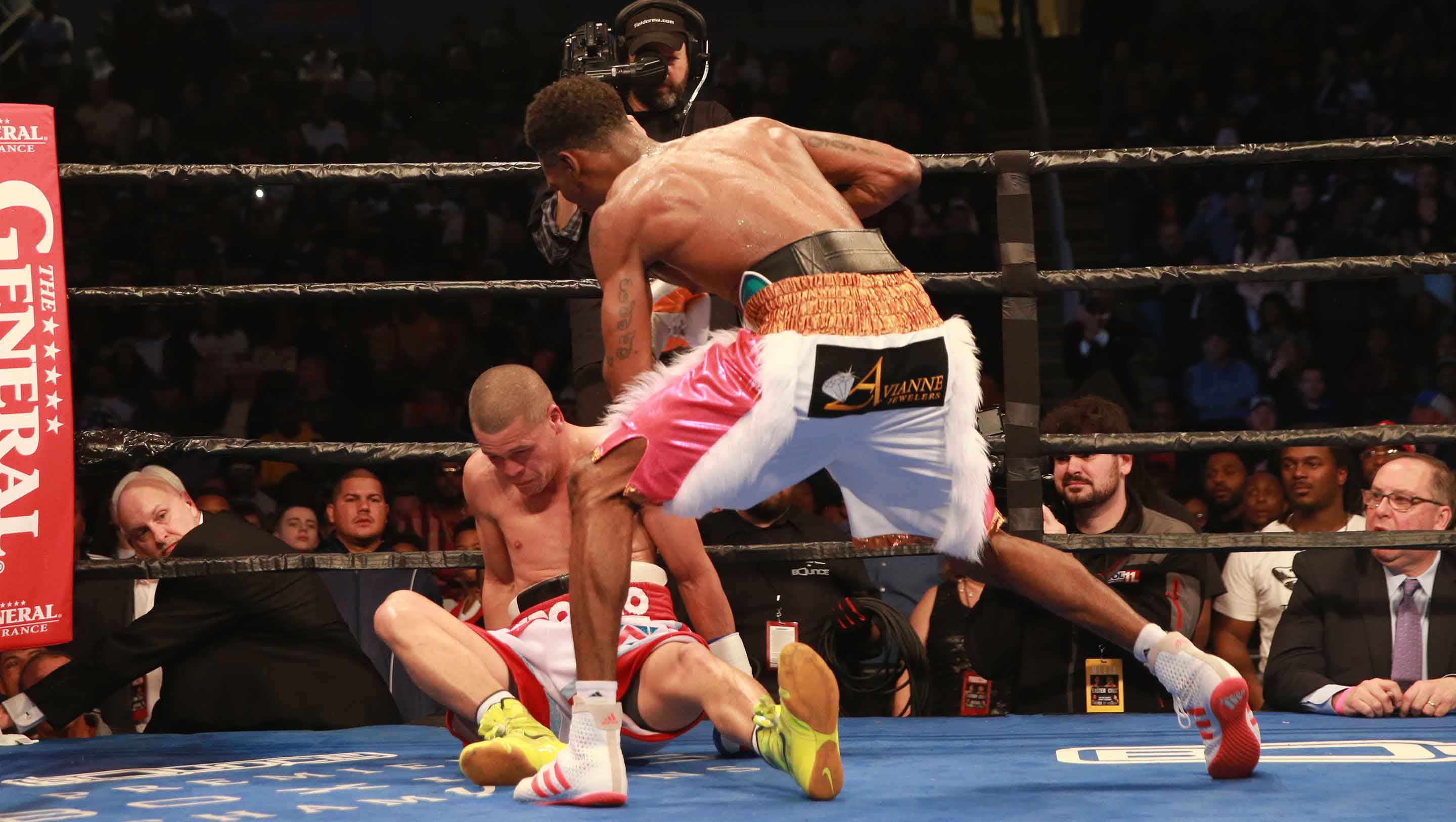 Robert Easter Jr. gains one of his three knockdowns of Luis Cruz during the...